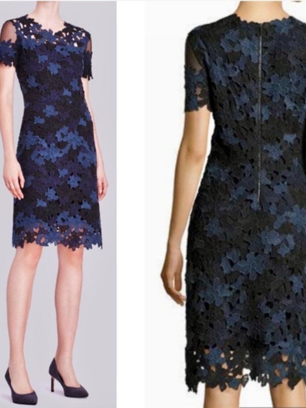 Elie Tahari | Ophelia Short Sleeve Black Blue Crochet Lace Sheath Dress, size 10